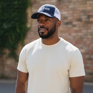 Made Here Blue/Black White Trucker Hat USA Cotton Mesh Baseball Cap Unisex NWT